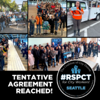 Several pictures of PROTEC17 and other union coalition members stand together at various actions throughout the past year and a half. The text at the bottom reads, 