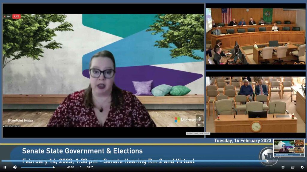 This is a photo of PROTEC17 Department of Licensing member Ruth Daniel testifying virtually in the WA Legislature in 2023.